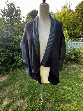 Black Draped Open Cardigan with real Leather Trim